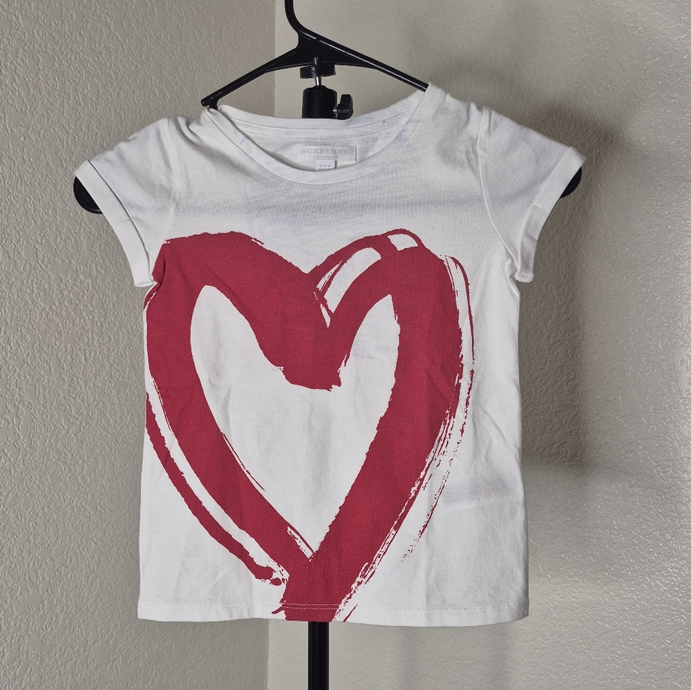 Kids Burberry White and Red Heart Short Sleeve Tee